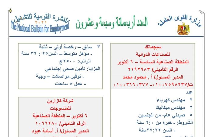 المصري اليوم - اخبار مصر- برواتب تصل إلى 5300 جنيه.. القوى العاملة تعلن عن 3622 وظيفة (الشروط والتفاصيل) موجز نيوز