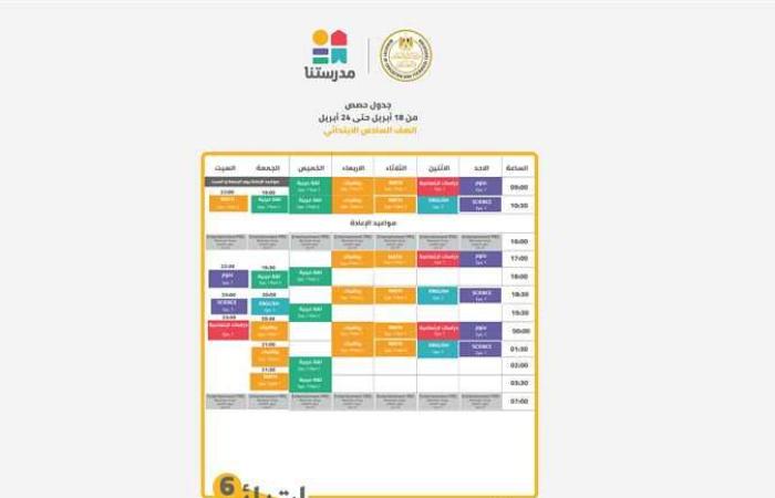 المصري اليوم - اخبار مصر- جدول برامج قناة مدرستنا التعليمية لطلاب المرحلة الابتدائية (الأسبوع 27) موجز نيوز